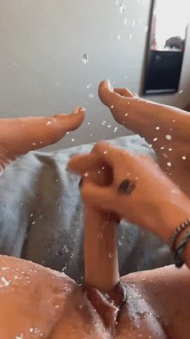 cum dildo feet orgasm shaved pussy squirt squirting wet pussy wet and messy gif