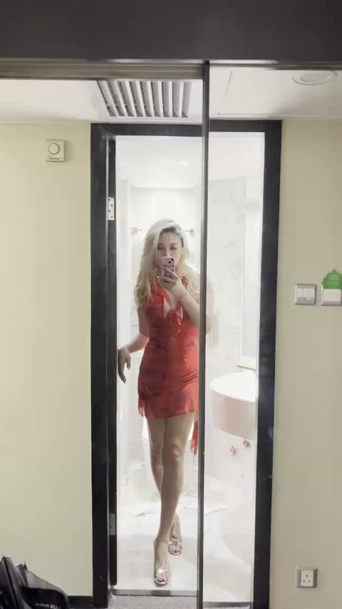 asian blonde chinese clothed cute dress mirror pretty selfie solo gif