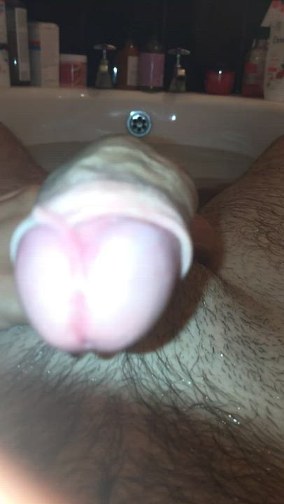 Massive Cock in the bath. Have you ever seen an uncircumcised cock this big??