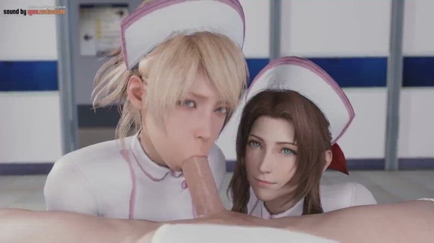 animation beautiful blonde cumshot cute double blowjob facial green eyes rule34 gif