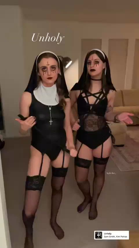 amateur brunette costume halloween legs nun gif