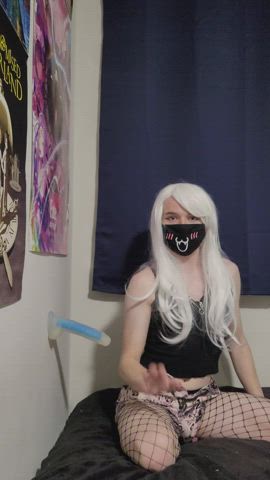 dildo femboy fishnet sissy solo gif