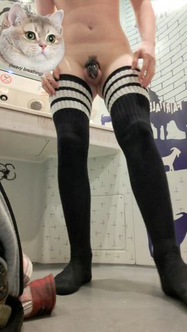 ass chastity exhibitionist femboy knee high socks public sissy gif
