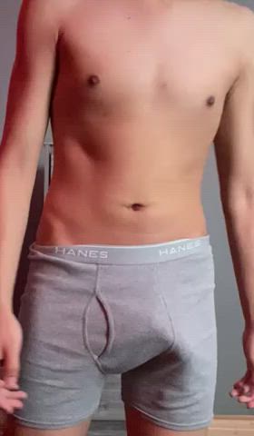 Pulling down my underwear to reveal my uncut cock