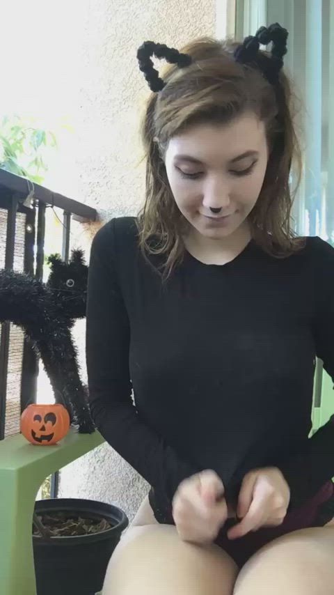 brunette flashing halloween gif