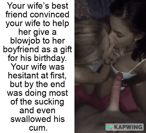 blowjob caption cheating cuckold double blowjob hotwife wife gif