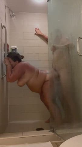 bbw bouncing tits doggystyle shower standing doggy gif