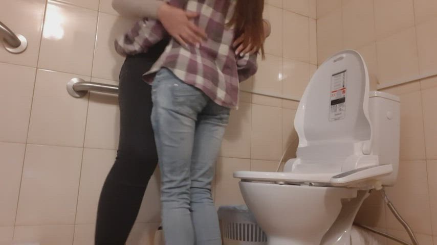 Bathroom Clit Rubbing Girlfriend Girlfriends Jeans Lesbian POV Public Rubbing gif