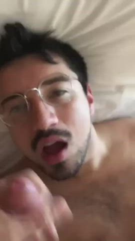 big dick cum in mouth cumshot facial gay glasses jerk off nerd gif