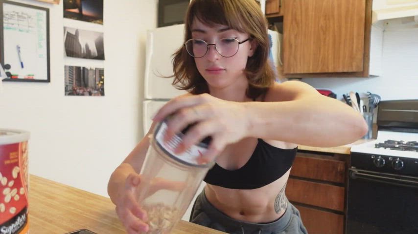 Bra Brunette Fitness Glasses Kitchen Muscular Girl Nerd SFW Short Hair gif