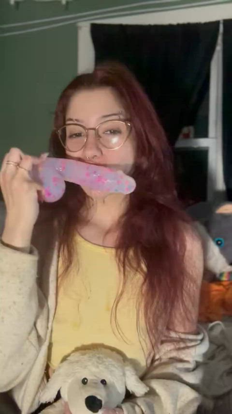 18 years old ahegao amateur blowjob cute dildo drooling petite redhead spit gif
