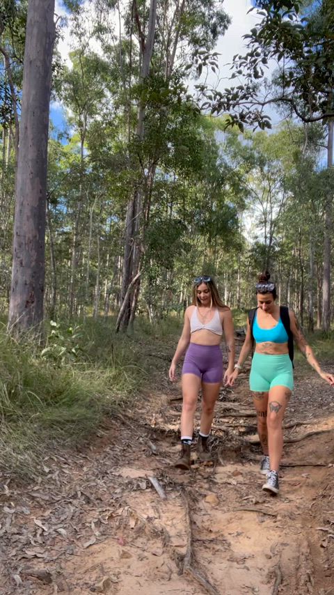 Two pairs of natural Aussie tits walk by you on a hike..