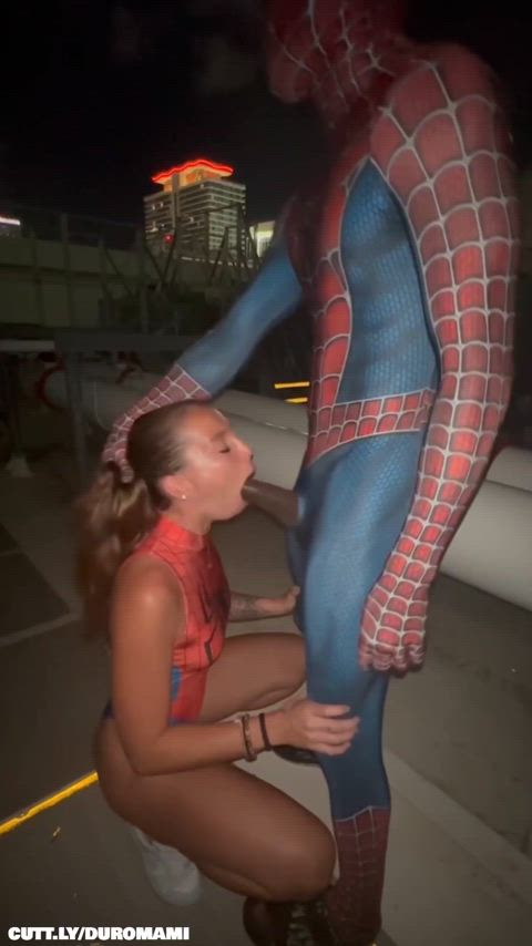 Sexy brunette fucked by Spiderman