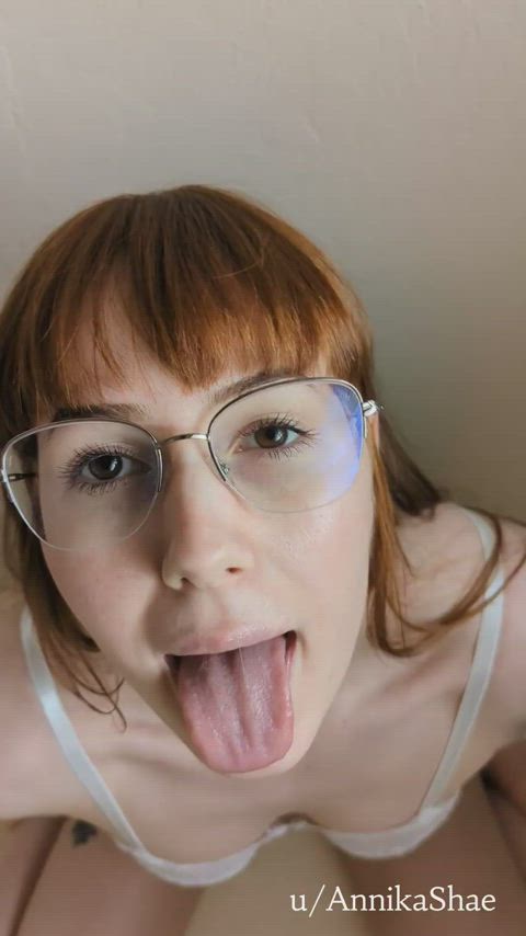 brown eyes cum in mouth glasses submissive tongue fetish gif