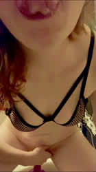 Dildo Fishnet Masturbating Redhead Saliva Sloppy Solo Tongue Fetish gif