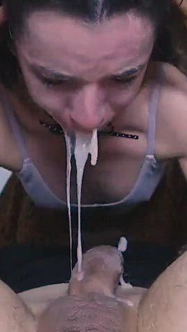 brunette cum cum in mouth deepthroat saliva gif