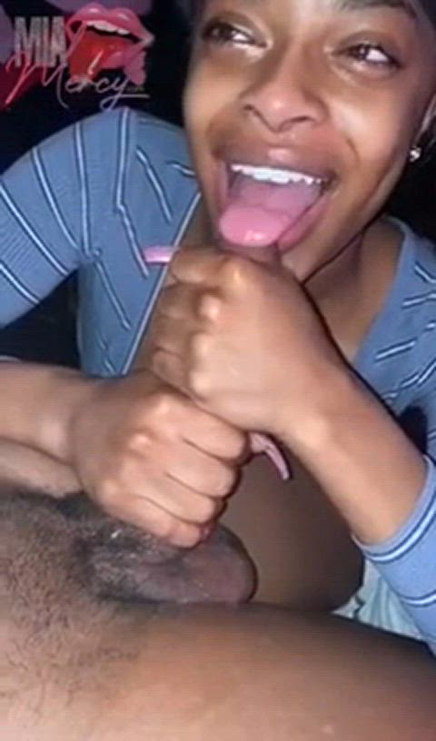 bbc blowjob deepthroat ebony long tongue messy saliva spit tongue wet and messy gif