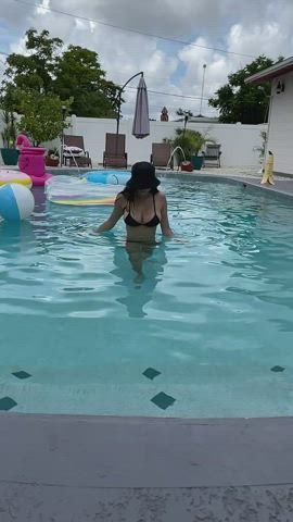 Asian Babe Big Tits Swimming Pool Swimsuit gif