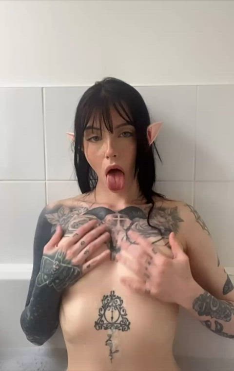 ahegao bathtub boobs cute egirl elf natural tits tattoo gif