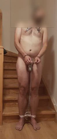 Selfbondage - Fixated with nipple clamps and ice timer