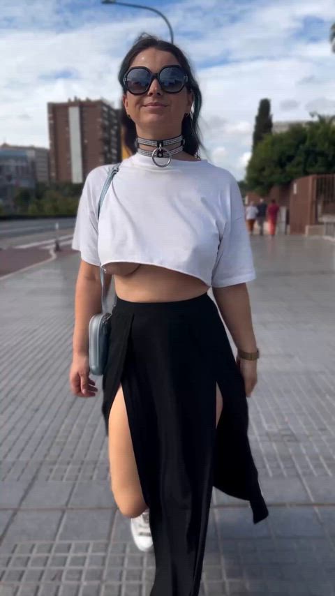 Walking in the city in a cute little underboob Croptop.