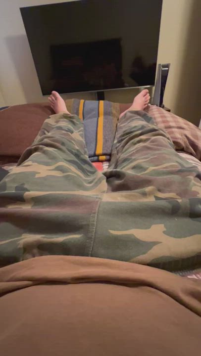 Camo pants and pink panties