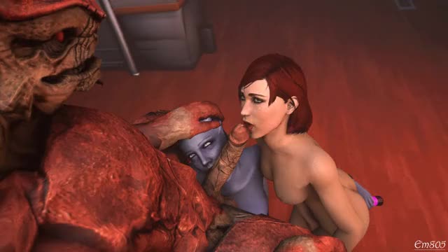 Femshep &amp; Liara giving Wrex a BJ, by Em805