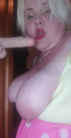 BBW Blonde Boobs Dildo Lipstick Saliva Sucking gif