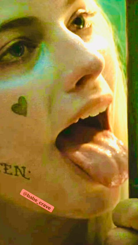 actress babe blonde celebrity harley quinn licking long tongue margot robbie tongue