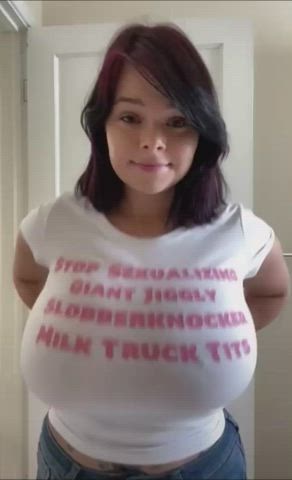 boobs bouncing tits clothed cute huge tits jiggling smile t-shirt gif