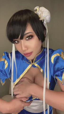 asian big tits brown eyes cosplay eye contact lips gif