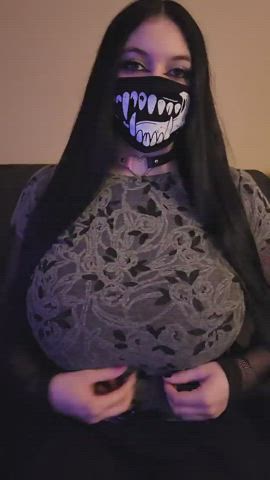 big tits boobs choker huge tits mask see through clothing titty drop gif