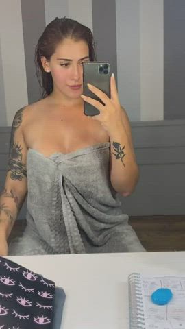 fake tits flashing shaking stripping striptease tattoo tits titty drop towel gif