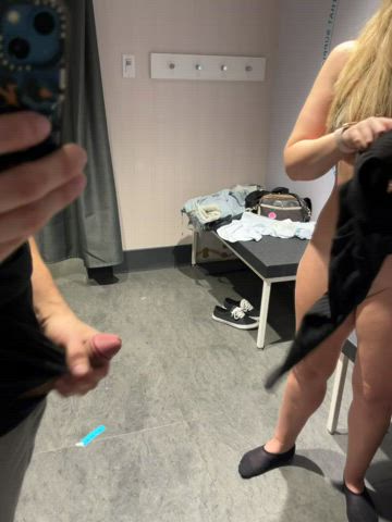 amateur couple dressing room jerk off naked tits gif
