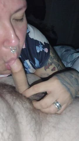 cock cock worship eye contact latina piercing short hair spit sucking tattoo gif