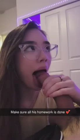 ahegao blowjob brunette cute deepthroat glasses nerd sloppy sucking white girl gif