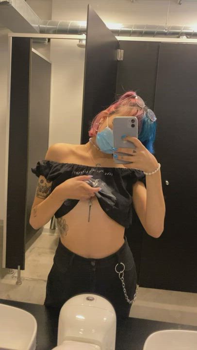 flashing my tiddies in a public bathroom ?