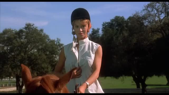 Betsy Russell bouncy topless horse riding in 'Private School'