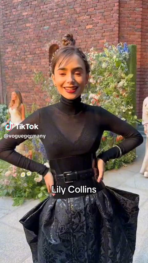 celebrity lily collins pokies see through clothing tits gif