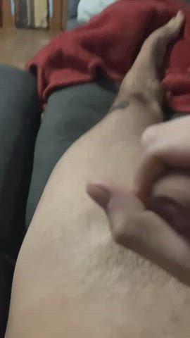 big dick cock cum cumshot foreskin hairy jerk off solo tattoo uncut gif