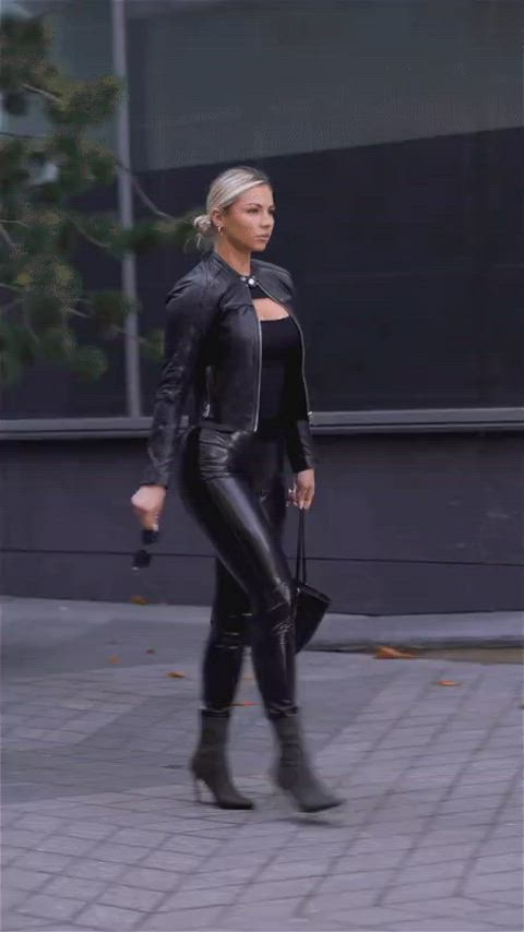 ass blonde glasses high heels leather model pants gif