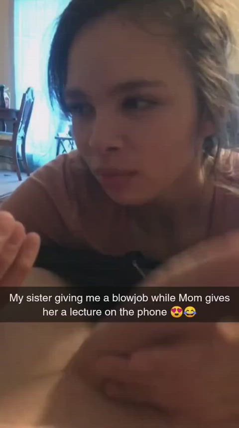 Sister giving blowjob to brother while talking to mom