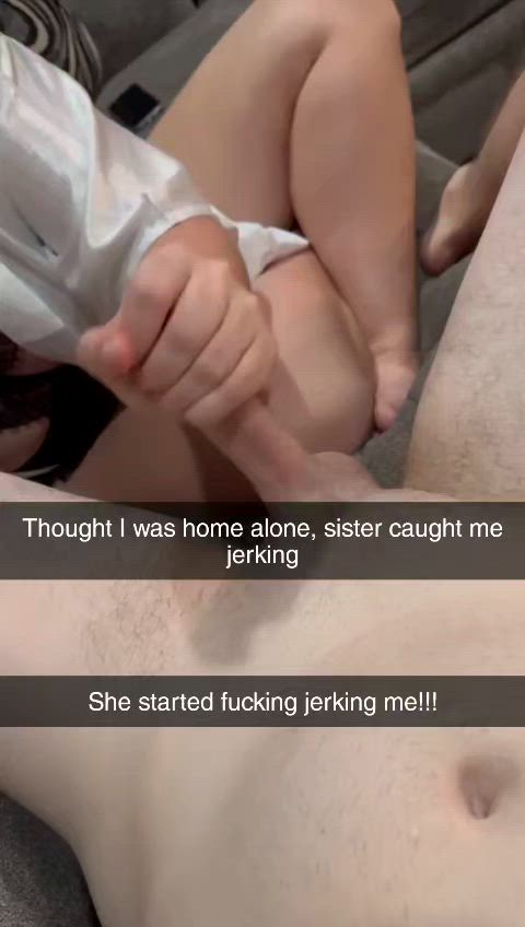 Sister surprises her brother by milking his dick after catching him jerking off