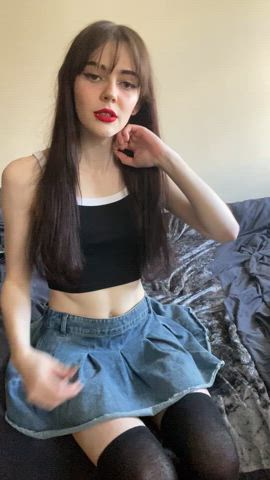 big dick girl next door long hair reveal skirt thigh highs trans woman gif