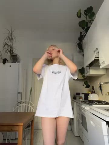 Armpits Ass Blonde Kitchen Petite Shaved Pussy Small Tits Strip Teen gif