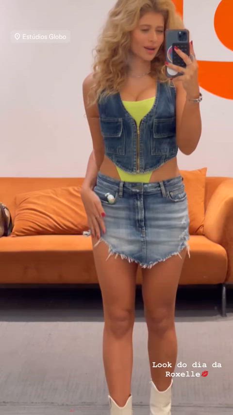 blonde brazilian celebrity cute latina legs mirror skirt south american teasing gif