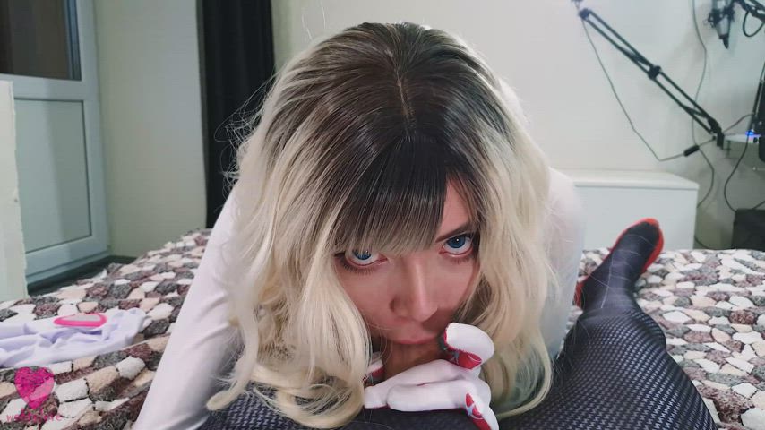 Blonde Blowjob Bodysuit Cosplay Costume Deepthroat Oral Sloppy Sucking gif