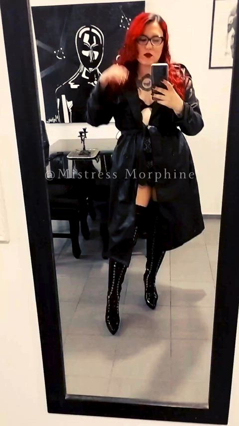 bdsm boots femdom leather lingerie mistress pale red hair sensual gif