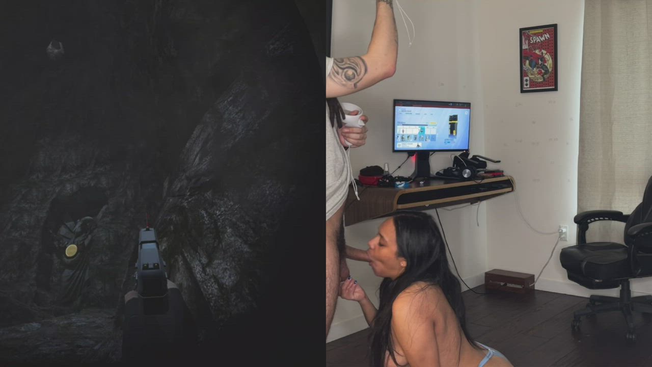 Randomly started sucking my bf dick while he’s trying to finish ResidentEvil4 VR