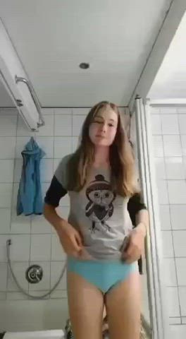 bathroom boobs female hairy pussy pussy skirt small tits underwear undressing gif